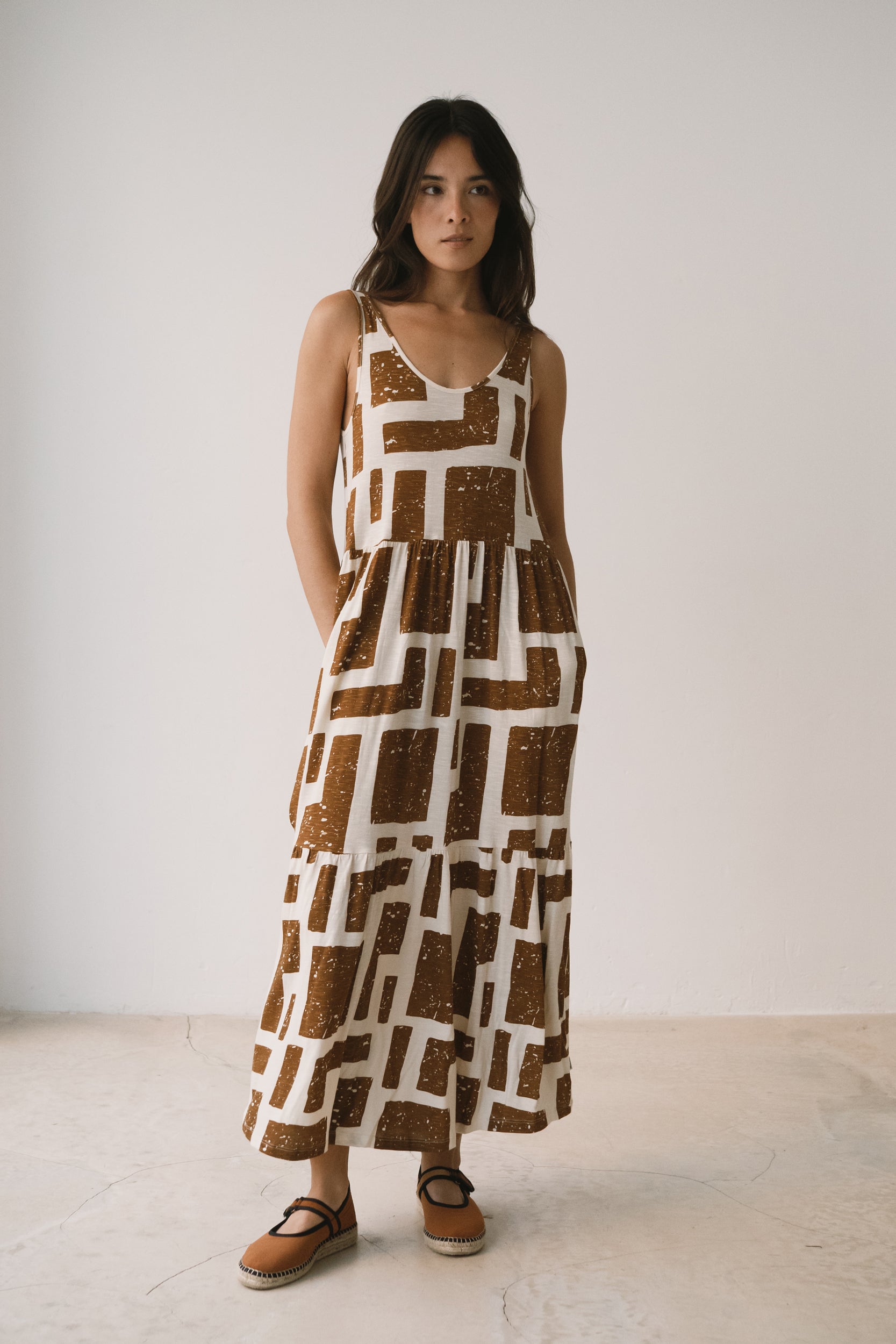 brown print dress Brown Print Ruffled long dress