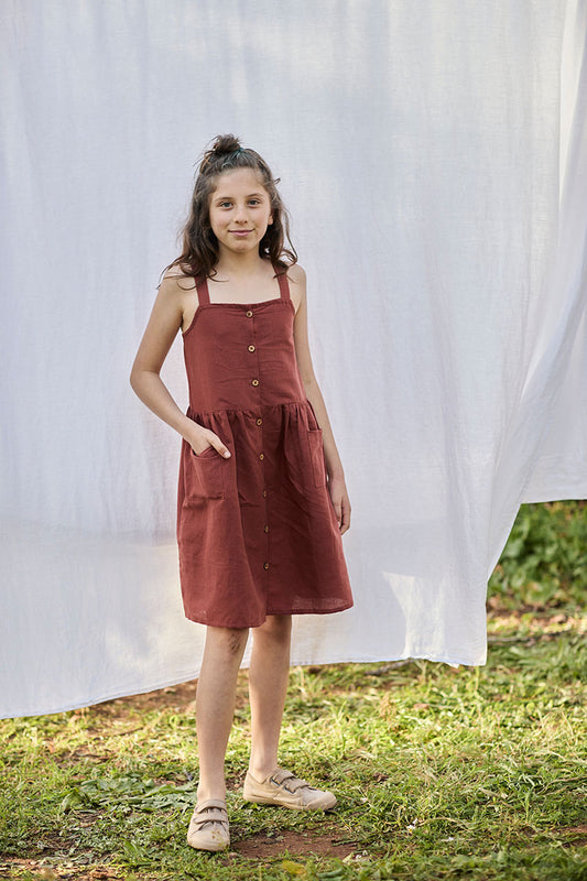 Vestido Espalda Cruzada Rojo Rooibos de Lino y Algodón Orgánico