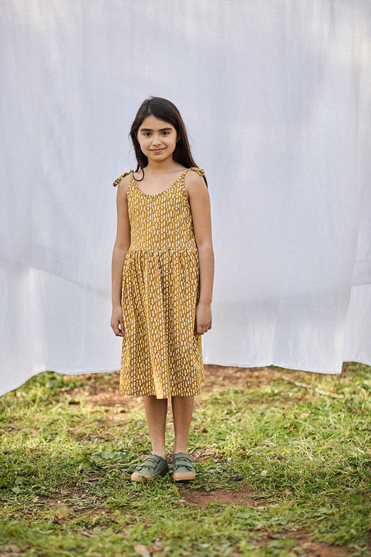 Vestido Tirantes Lazo Étnico Mostaza de Algodón Orgánico
