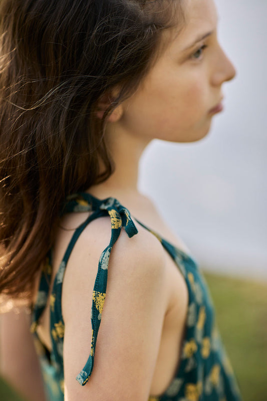 Vestido Tirantes Lazo Huellas Verde Azulado de Algodón Ecológico