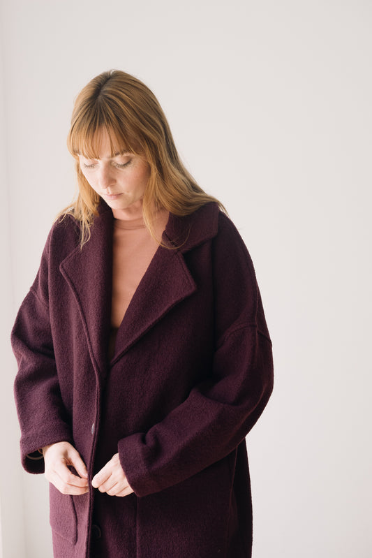 100% RWS Merino Wool Long Coat In Purple