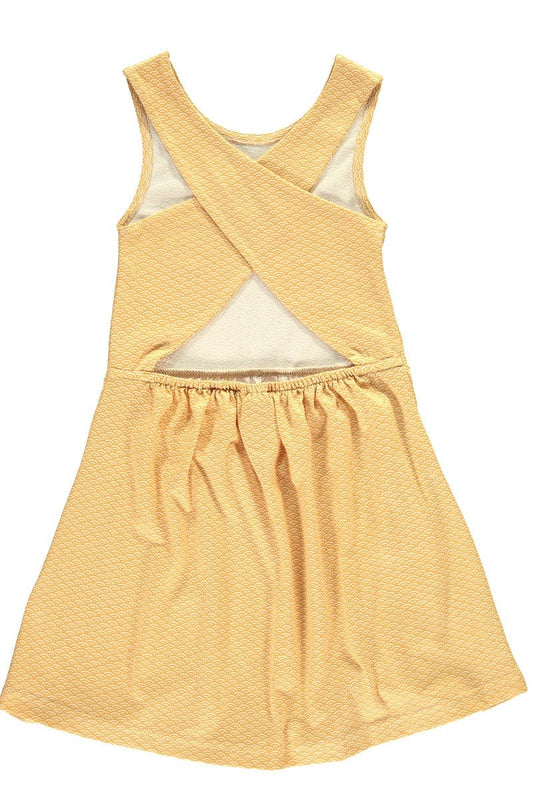Organic cross back dress in in honey yellow and japanese print - TIRALAHILACHA