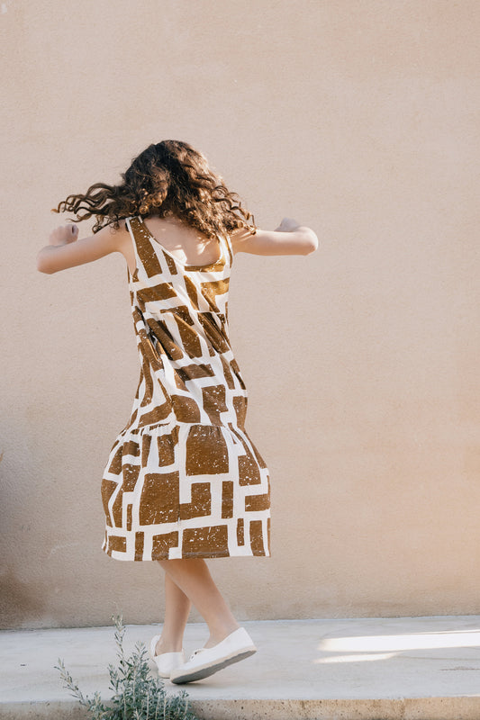 Brown kids printed ruffled dress