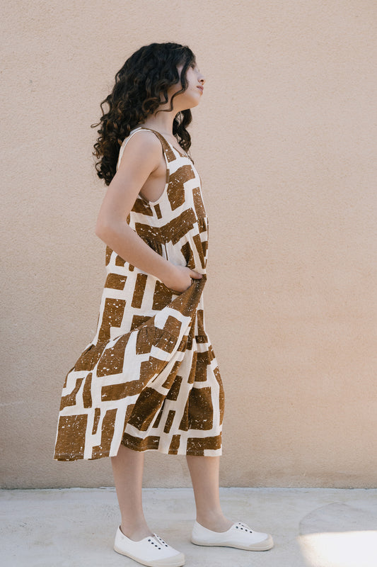 Brown kids printed ruffled dress