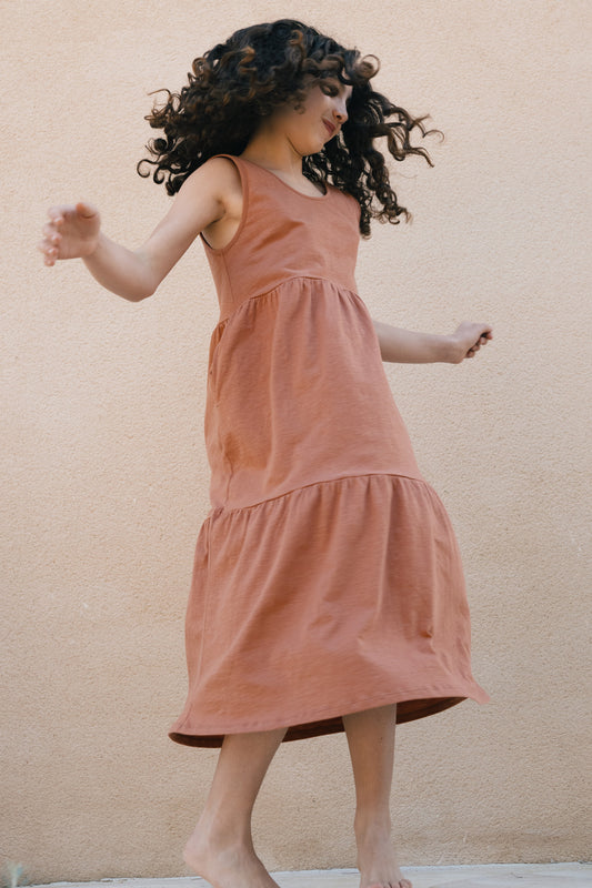 Coral Pink kids printed ruffled dress