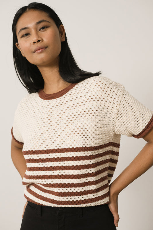 Hadara Short Sleeve Knitted Top With Red Sailor Stripes