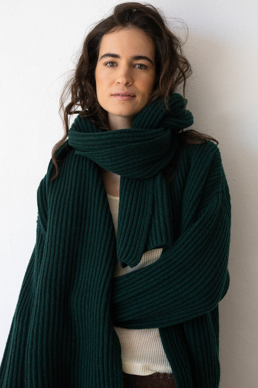 Cashmere and merino wool ribbed scarf in forest green