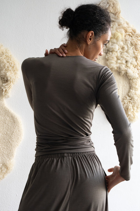 Merino wool wrap top in olive green