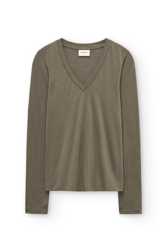 Merino wool V-neck top in olive green