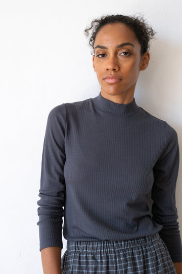 Merino wool turtleneck top in blueberry blue