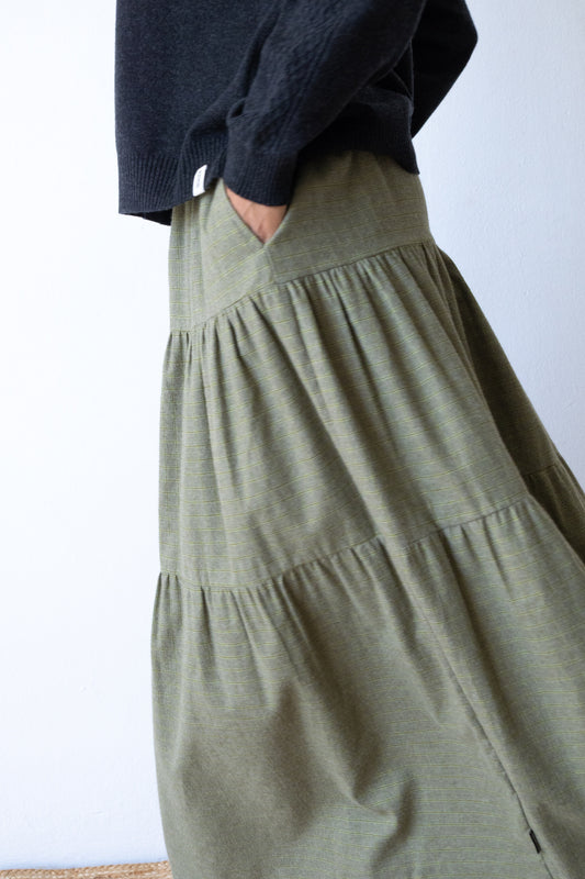 Organic cotton long ruffle skirt in olive green