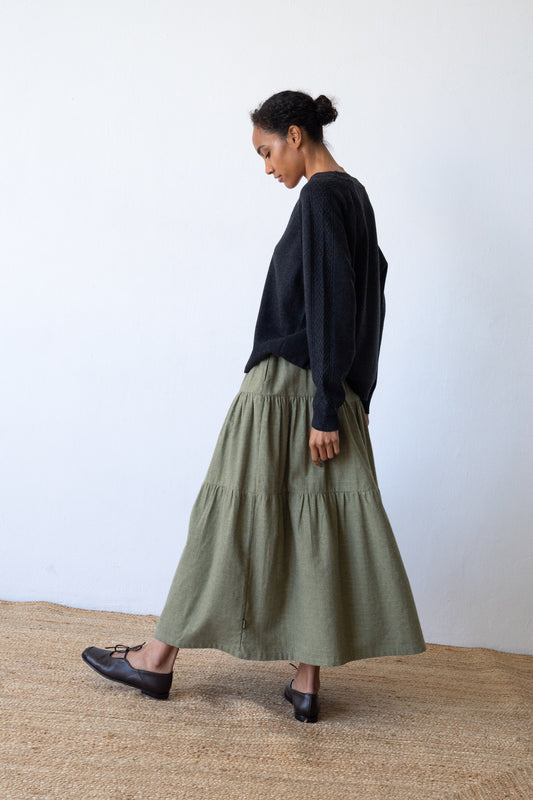 Organic cotton long ruffle skirt in olive green