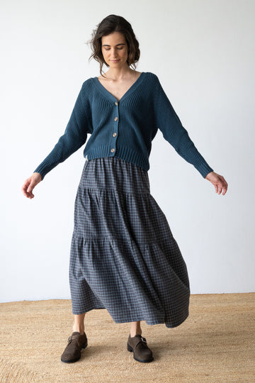 Organic cotton long ruffle skirt in blueberry blue