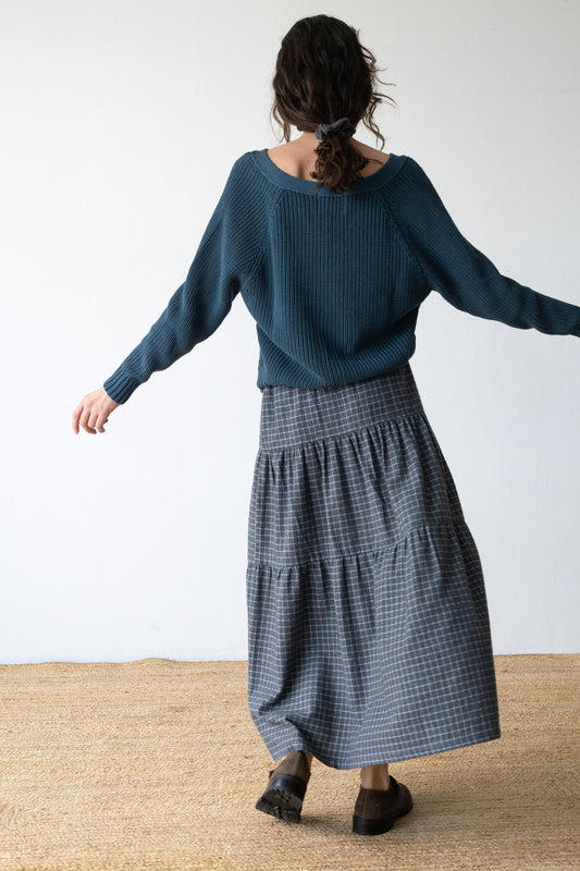 Organic cotton long ruffle skirt in blueberry blue