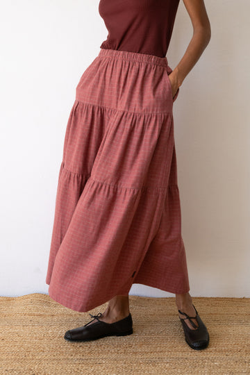 Organic cotton long ruffle skirt in currant red