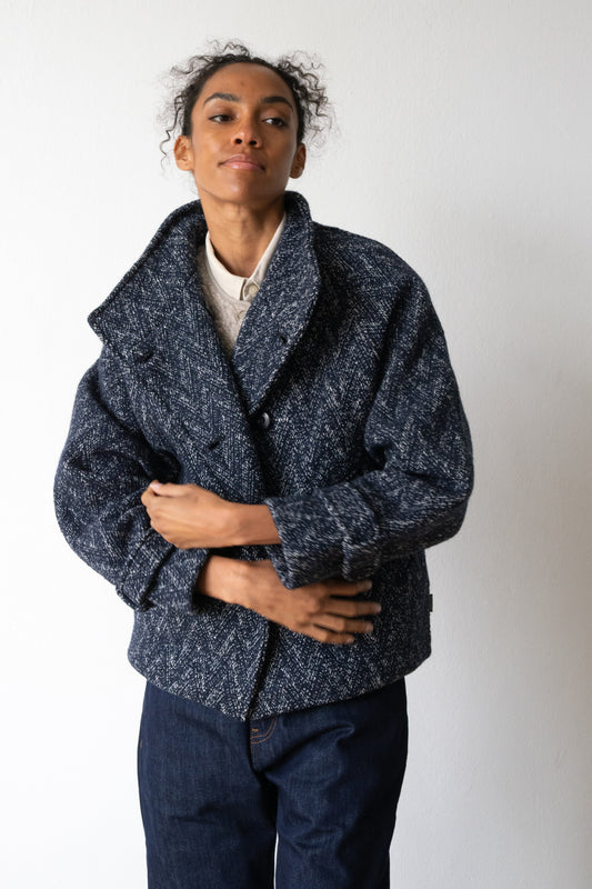 Wool and organic cotton double-breasted cropped jacket in blueberry blue
