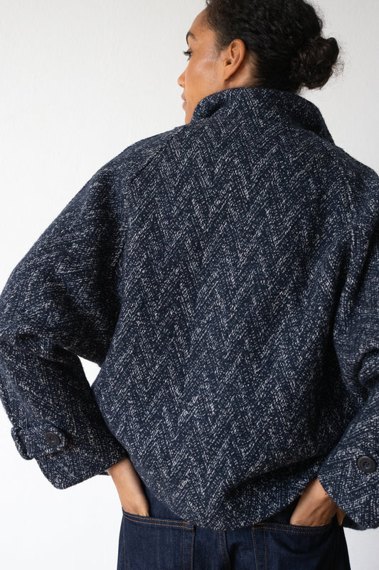 Wool and organic cotton double-breasted cropped jacket in blueberry blue