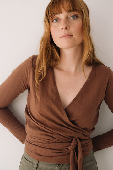 Organic jersey wrap top in Brown