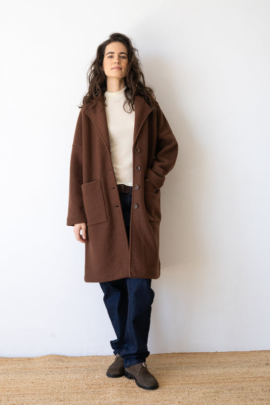100% RWS Virgin Wool Long Coat In Brown