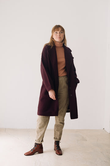 100% RWS Merino Wool Long Coat In Purple