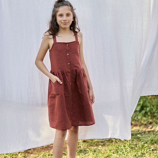 Cross Back Dress in Organic Cotton and Linen Red Rooibos - TIRALAHILACHA