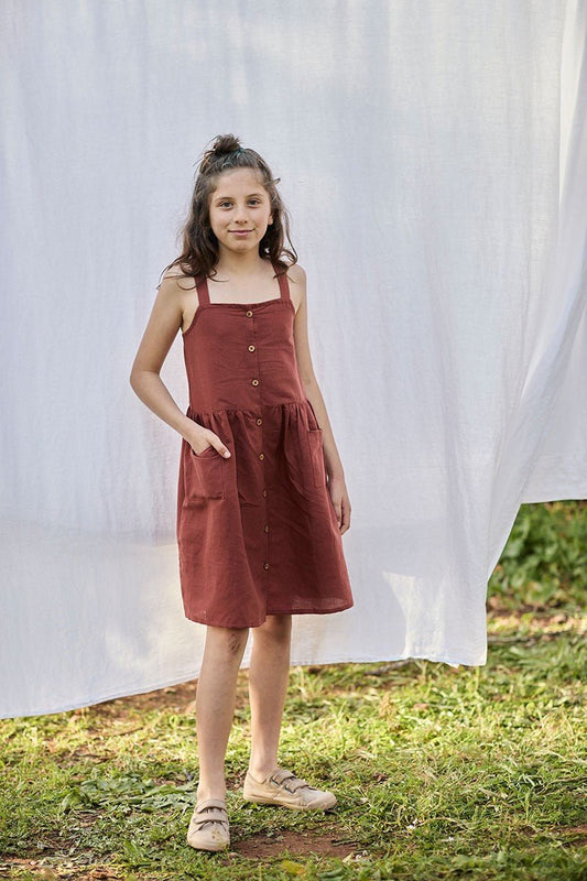 Cross Back Dress in Organic Cotton and Linen Red Rooibos - TIRALAHILACHA