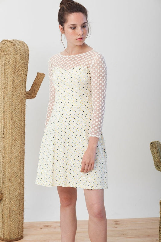 Irina ecru dress with triangles print. - TIRALAHILACHA