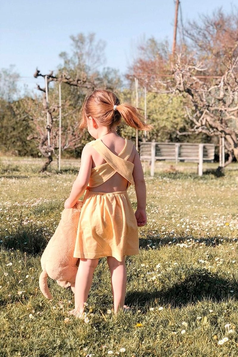 Organic cross back dress in in honey yellow and japanese print - TIRALAHILACHA
