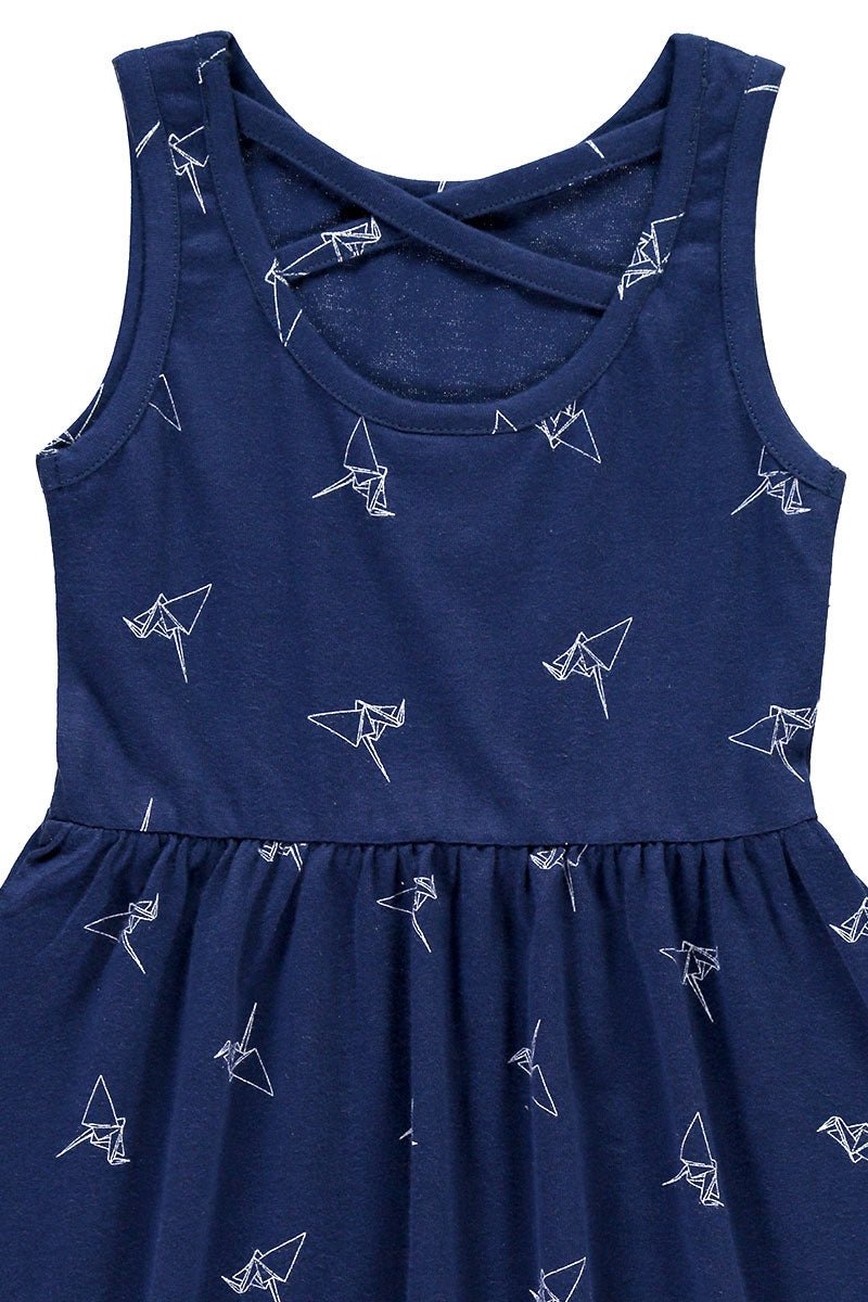 Organic Strapless dress in navy blue and origami print - TIRALAHILACHA